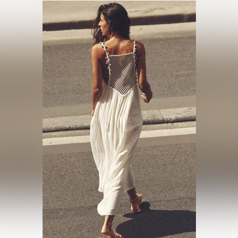 ZARA Long Summer Dress Seashell Embroidered Crochet Strappy XXL NWT - Picture 4 of 4